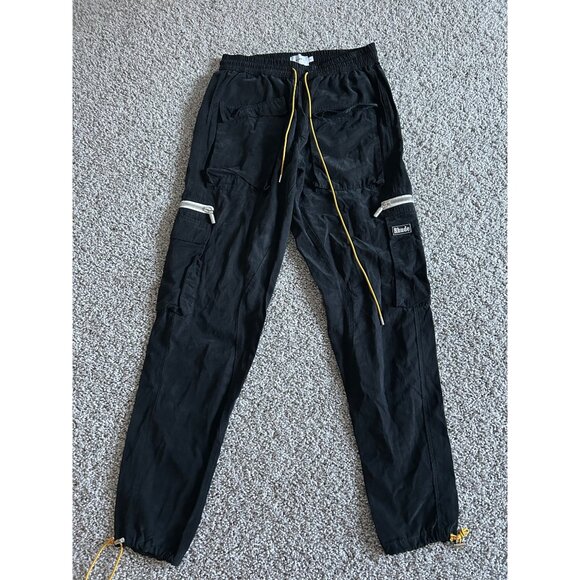 Rhude Black Cargo Track Pants W/ Yellow Drawstring & Zippered Pockets - Picture 13 of 13
